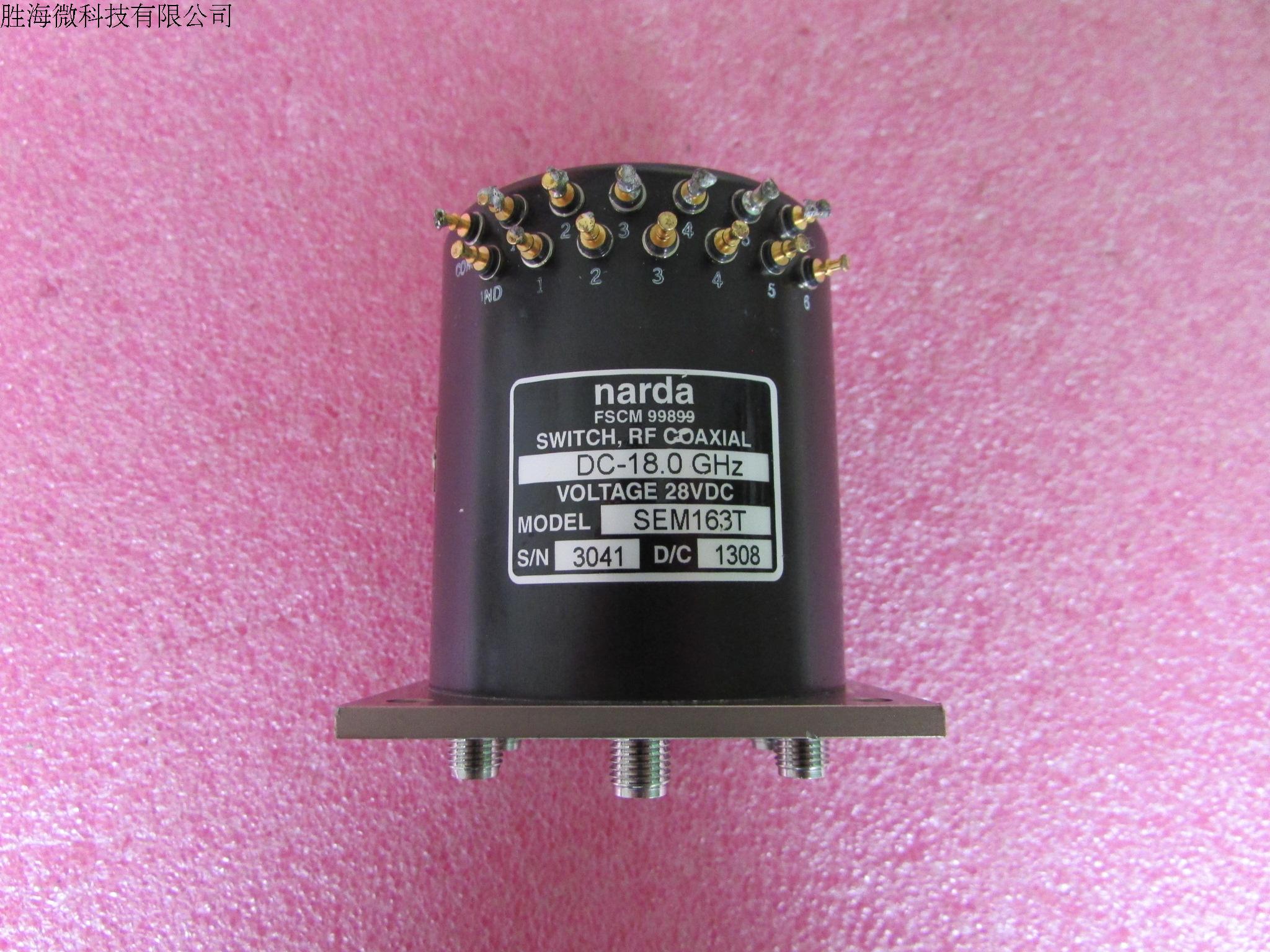 NARDA SEM163T SP6T DC-18GHz 450W  28V SMA 射频微波继电器同轴开关   质量包好，包能用  可提供详细测试图 请放心购买 频率范围：DC-18GHz  带内匹配50欧姆负载 插损：0.4dB 隔离度：80dB 输入最大功率：450W 工作电压：28