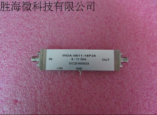 6-11GHz 28dB 23dBm SMA 低噪声微波放大器  可提供详细测试图 工作频率：6-11GHz 增益: Typ 28dB 噪声系数 : Typ 4dB 输出功率: Typ 23dBm    工作电压：+5V   接头： SMA