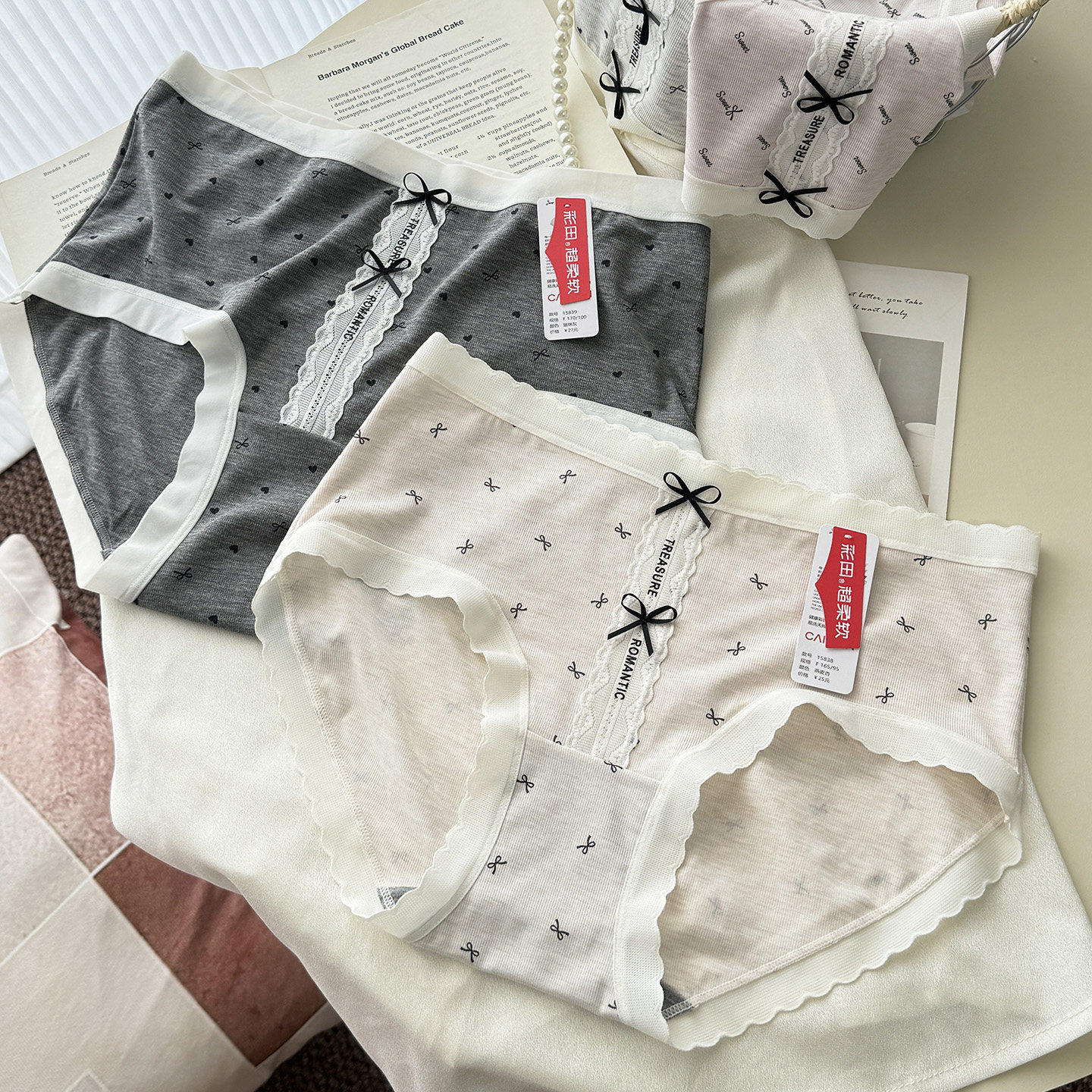 彩田女士莫代尔棉中腰三角裤蕾丝性感蝴蝶结10A抗菌柔软舒适内裤