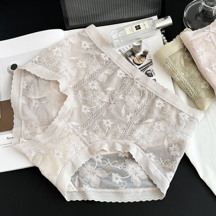 彩田女士内裤新款中高腰轻收腹提臀蕾丝提花7A抑菌镂空性感三角裤