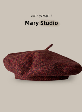 秋冬毛呢贝雷帽女英伦复古红色格子新品时尚休闲逛街百搭蓓蕾帽