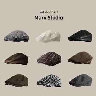 咖色帽子女秋冬大头围贝雷帽女复古格纹前进帽显脸小画家帽文艺男