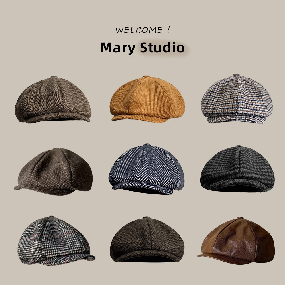 日本设计师冬季男复古八角帽女士灯芯绒文艺英伦格纹鸭舌帽报童帽