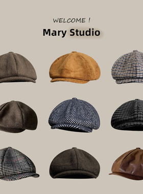 日本设计师冬季男复古八角帽女士灯芯绒文艺英伦格纹鸭舌帽报童帽