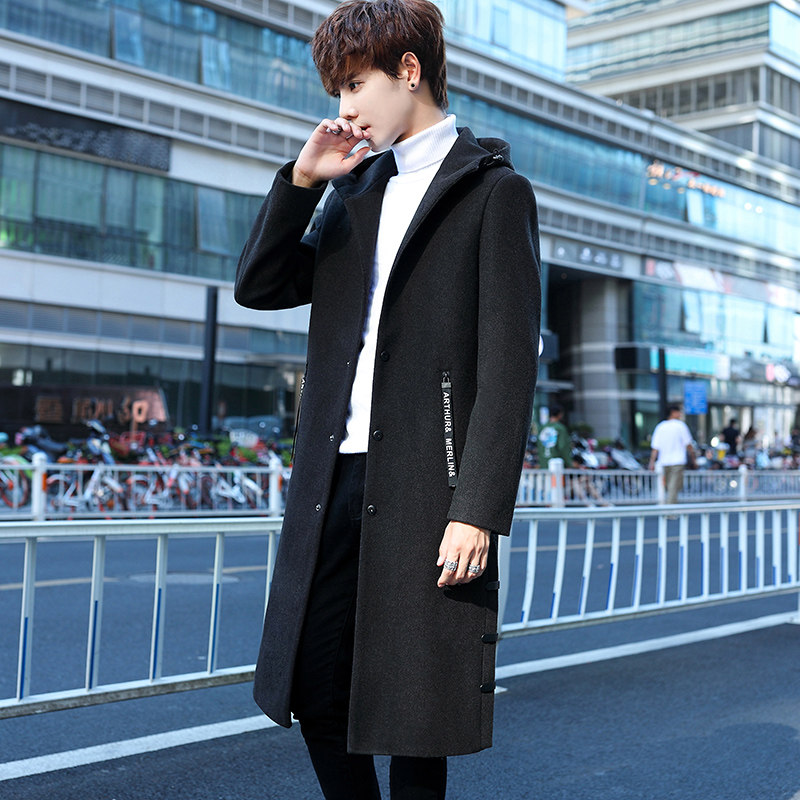 户外加厚风衣男长款商务休闲修身外套男韩版毛呢大衣连帽秋冬披风