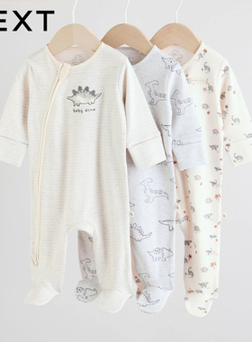 英国NEXT正品婴儿长袖爬服男宝春秋装恐龙纯棉睡衣拉链包脚连体衣