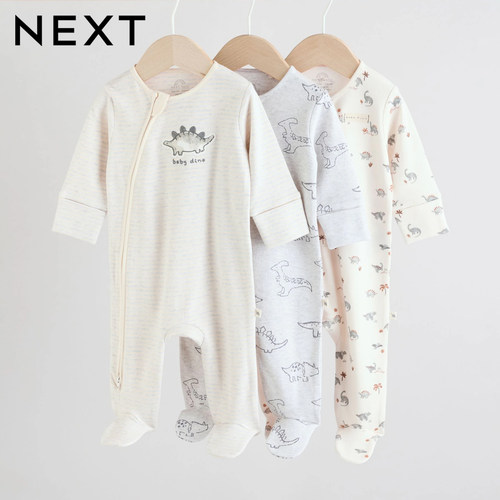 英国NEXT正品婴儿长袖爬服男宝春秋装恐龙纯棉睡衣拉链包脚连体衣