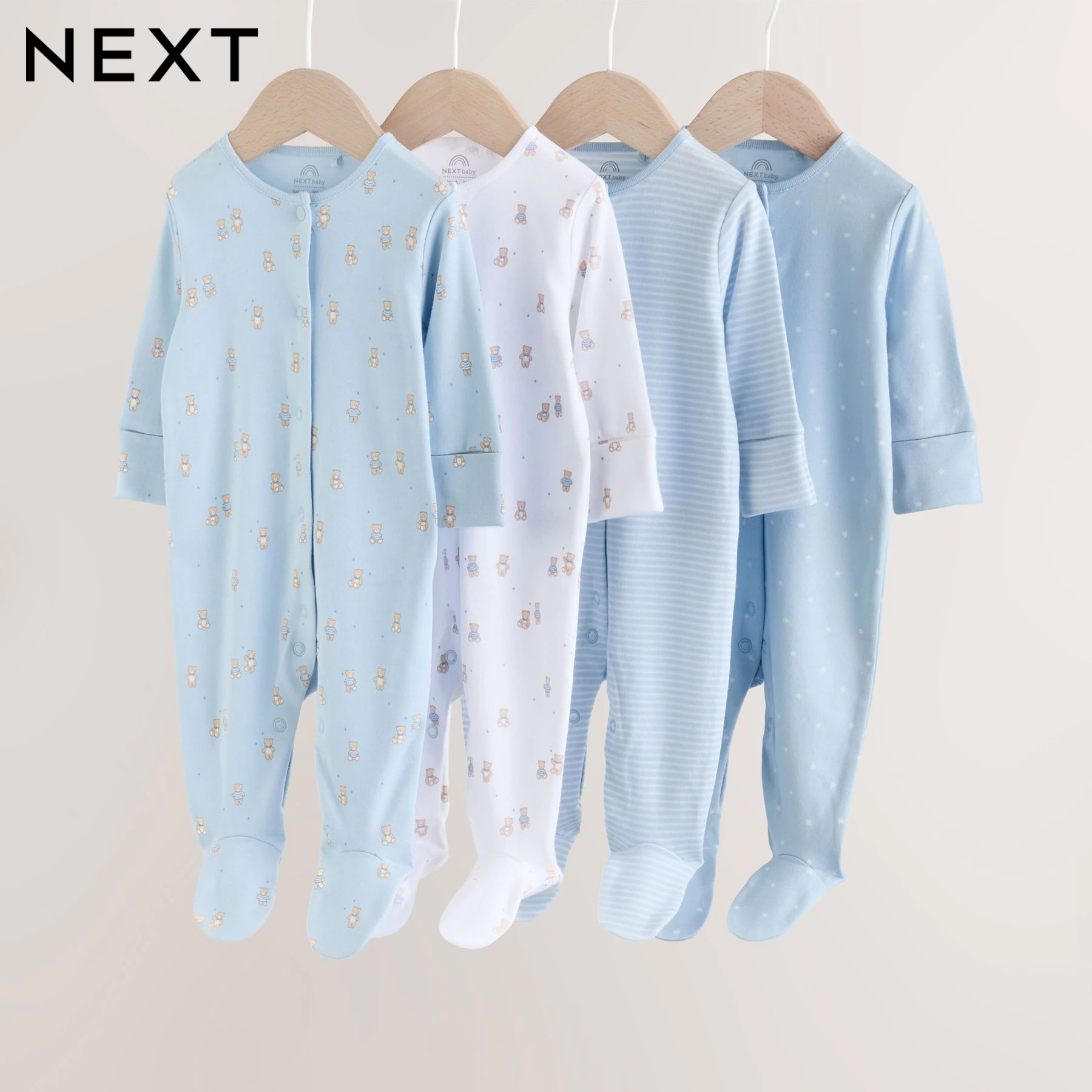 英国NEXT进口长袖连体衣男宝开襟按扣婴儿家居睡衣纯棉熊包脚爬服