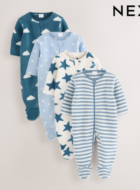 英国NEXT进口婴儿长袖微绒睡衣男宝拉链包脚星星冬加绒长袖连体衣