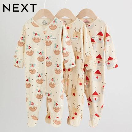 英国NEXT正品圣诞纯棉长袖男女宝满月正开襟婴儿家居睡衣包脚连体