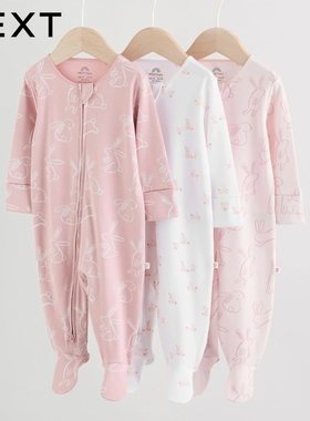 英国NEXT进口婴儿长袖连体女宝包脚爬服宝宝春秋兔子纯棉连身睡衣