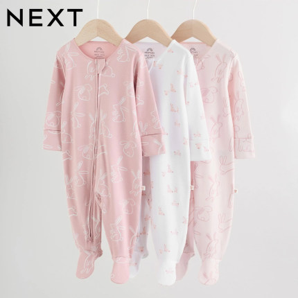 英国NEXT进口婴儿长袖连体女宝包脚爬服宝宝春秋兔子纯棉连身睡衣