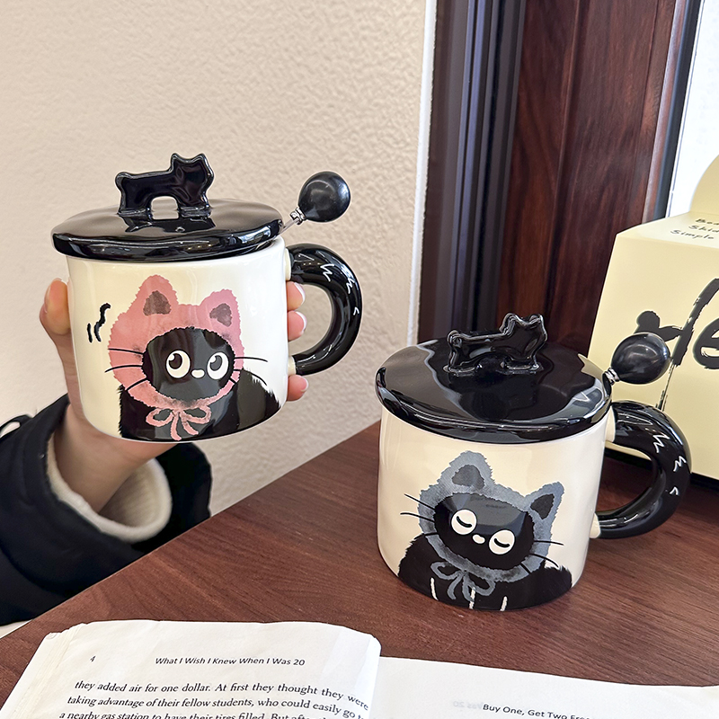 可爱猫咪带勺盖情侣陶瓷马克杯