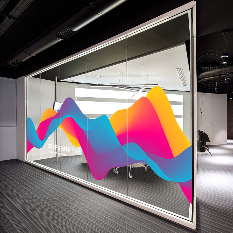 超大双面彩色山脉办公室艺术玻璃隔断墙高档静电贴膜装饰图案定制