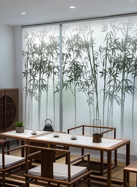 磨砂竹叶迷雾植物贴纸静电玻璃门贴膜隔断背景墙公司装饰环境布置