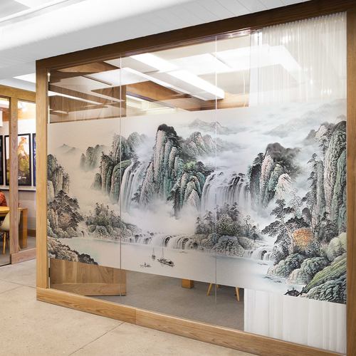 中国风水墨画玻璃门窗贴膜办公室隔断静电磨砂贴纸透光不透明定制