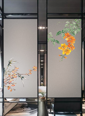 创意中式中国风玻璃贴纸国画办公室创意静电无胶磨砂玻璃贴膜家用