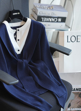 假两件学院风披肩长袖针织衫女宽松毛衣外穿上衣春季新款A102F