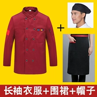 Красный лонгслив, фартук, шапка