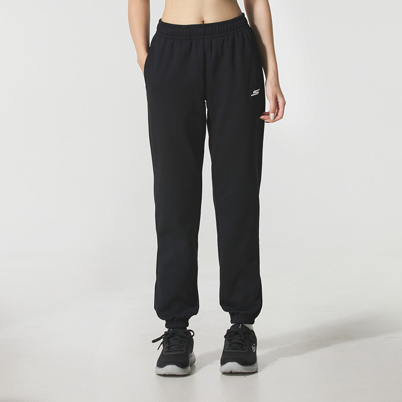 斯凯奇情侣款加绒针织束脚运动裤男女同款黑色休闲长裤冬季保暖