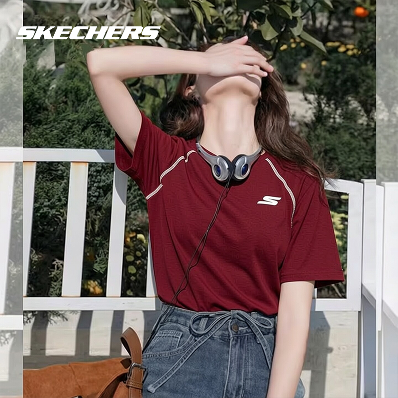 斯凯奇男装女装夏季新款红色半袖官方正品针织透气上衣新年红短袖