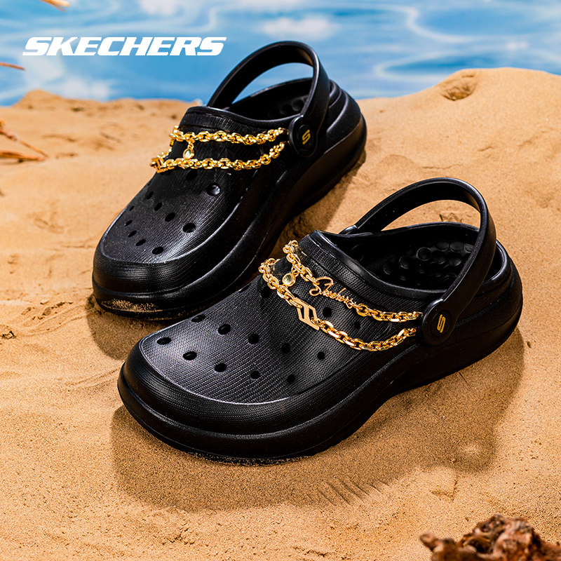 斯凯奇洞洞鞋女鞋运动鞋夏季新款凉拖鞋休闲沙滩鞋黑色官方凉鞋子