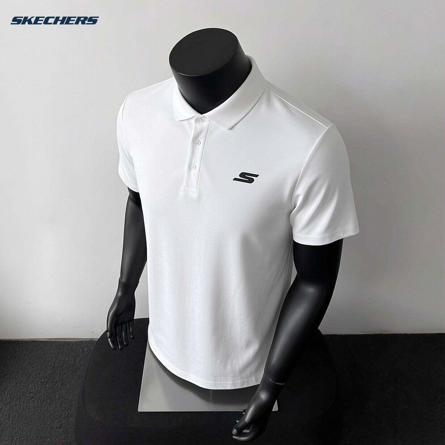 斯凯奇男装半袖春季新款白色休闲T恤衫官方正品翻领针织短袖上衣