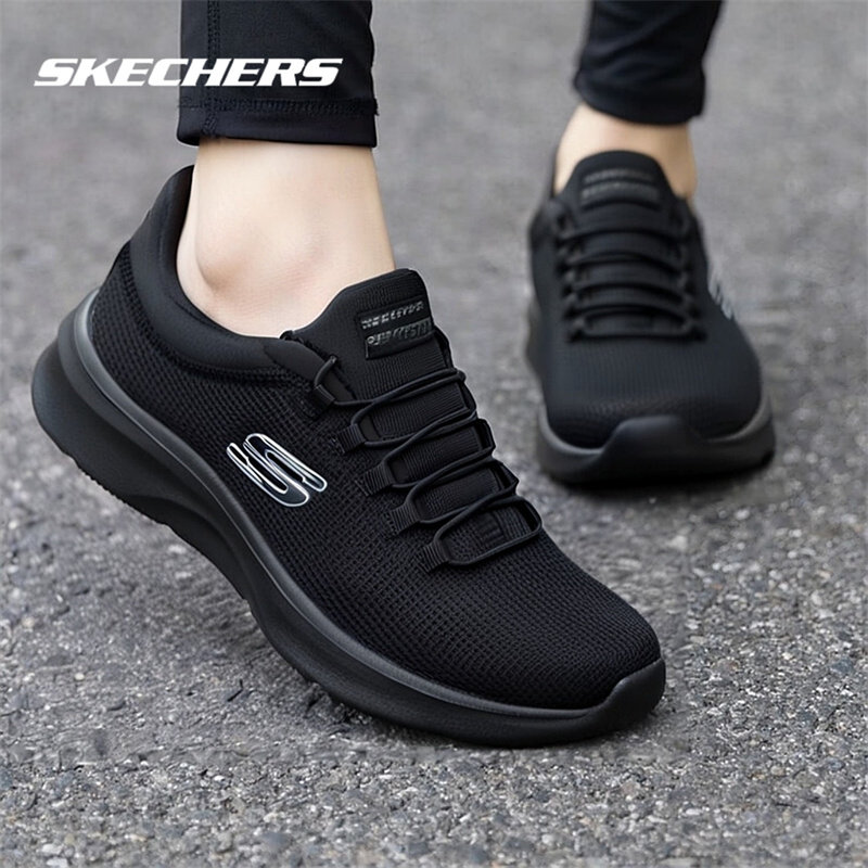 斯凯奇女鞋春季新款黑色休闲鞋一脚蹬穿脱运动鞋妈妈鞋女款跑步鞋