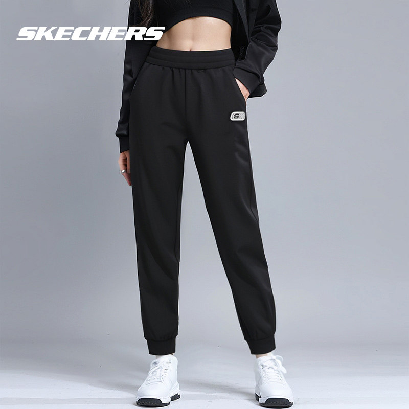 斯凯奇女士长裤官方正品黑色针织运动裤春季新款毛圈保暖束脚裤子