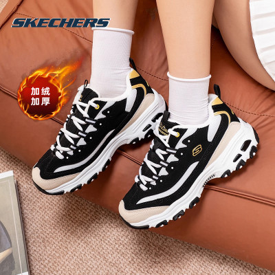 斯凯奇加绒女鞋经典黑金熊猫鞋