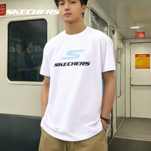 斯凯奇短袖男款T恤官方半袖男女同款情侣装白色T恤衫运动休闲上衣