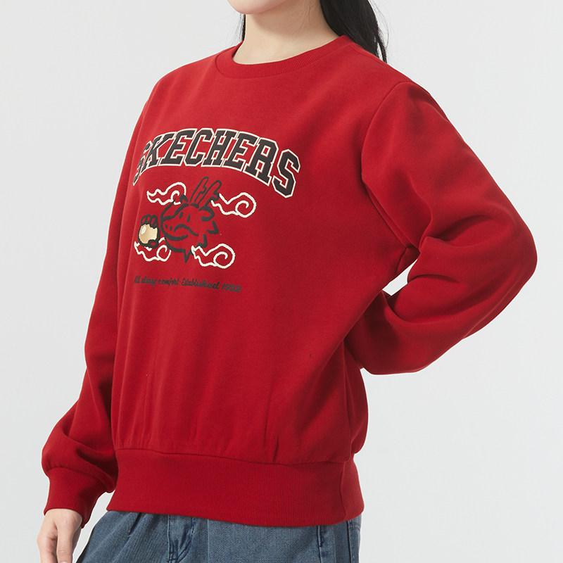 斯凯奇秋季新款女式红色圆领针织套头衫休闲运动卫衣时尚百搭