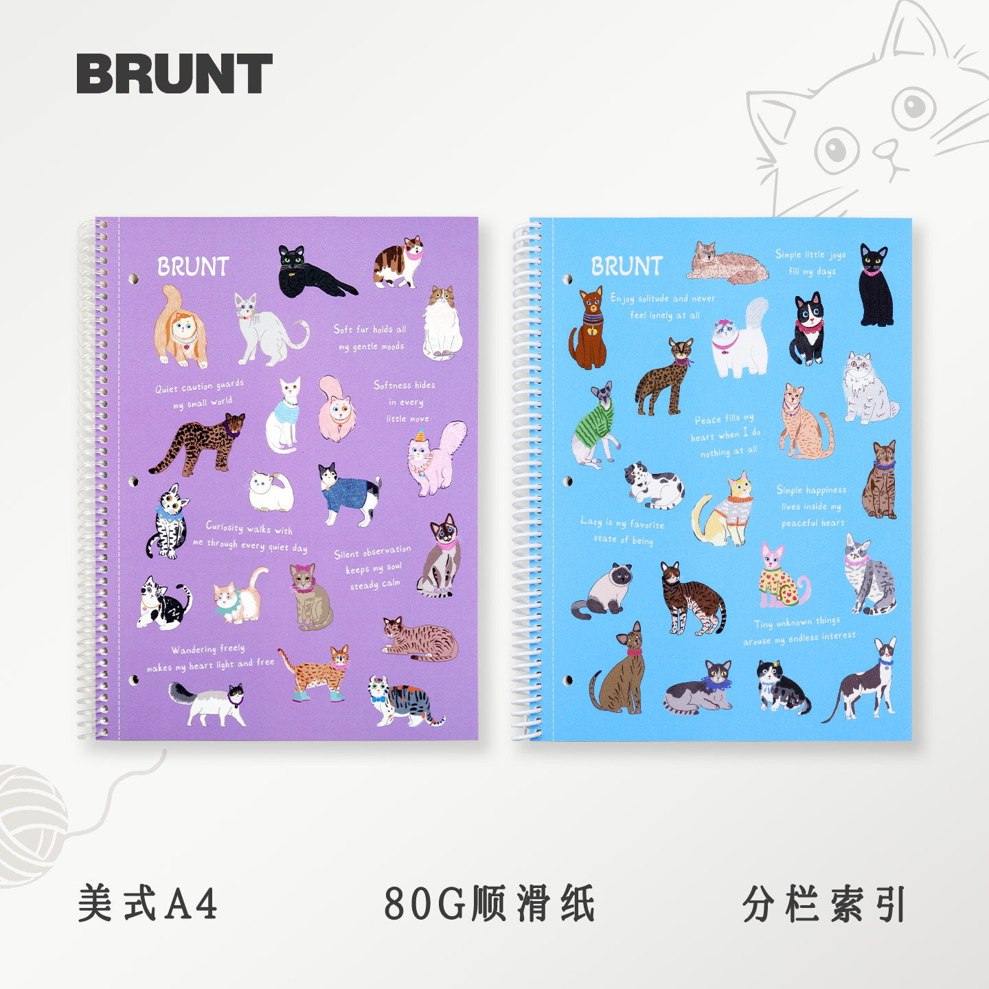BRUNT主力美式A4线圈笔记本复古猫咪插画高颜值横线分栏本子网格设计绘图加厚护眼纸学生三孔可撕活页记事本