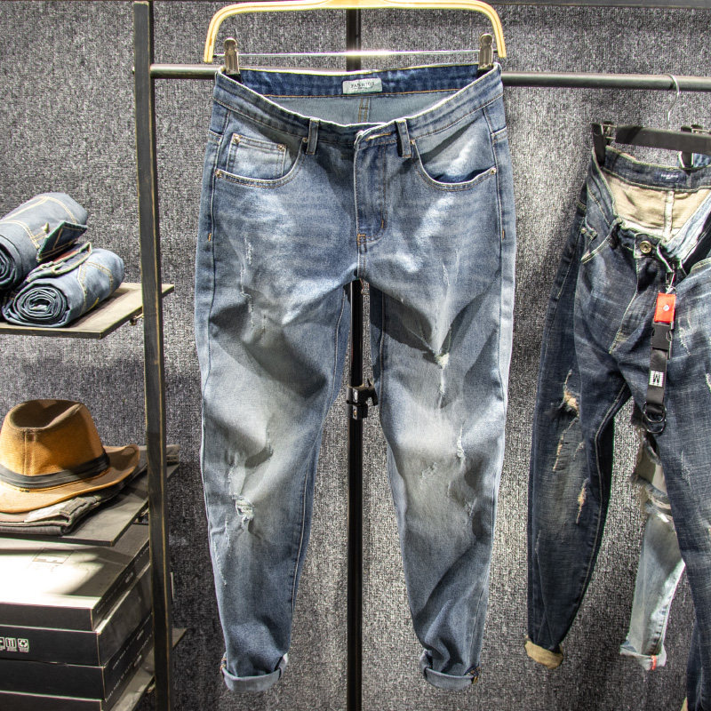 三古木棉   夏季潮牌高端怀旧复古破洞九分牛仔裤男修身小脚9分裤,男装,牛仔裤,淘宝优惠券,粉丝福利购,淘宝优惠卷