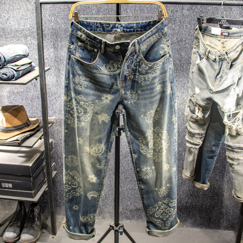 三古木棉大码怀旧复古风印花牛仔裤男宽松直筒阔腿裤子男春秋款,男装,牛仔裤,淘宝优惠券,粉丝福利购,淘宝优惠卷