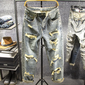 男宽松复古补丁直筒裤 三古木棉高街大码 乞丐破洞牛仔裤 子男春秋