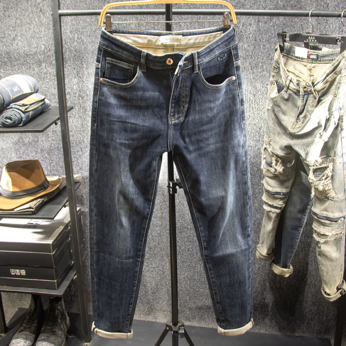 三古木棉 高级感抓毛加绒牛仔裤男修身小脚秋冬款蓝色裤子男潮牌,男装,牛仔裤,淘宝优惠券,粉丝福利购,淘宝优惠卷