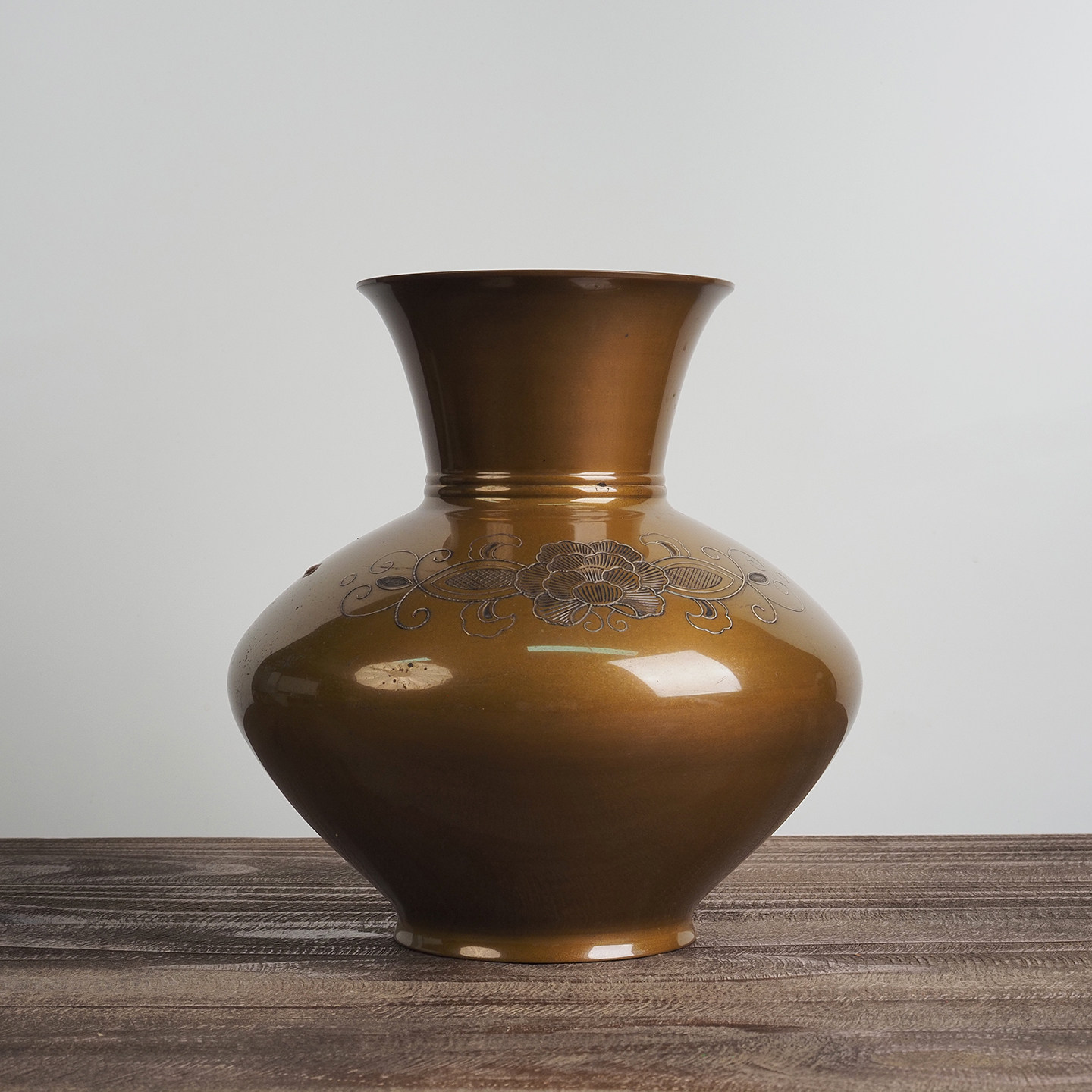 日本回流铜花器大花瓶手工嵌刻银丝花卉样板间餐厅干花插花摆件