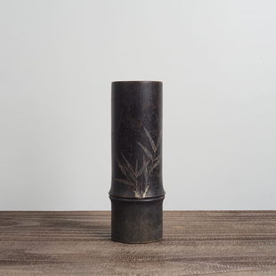 日本回流老物件嵌银竹节款敞口铜花瓶书房茶室香道文房雅物摆件