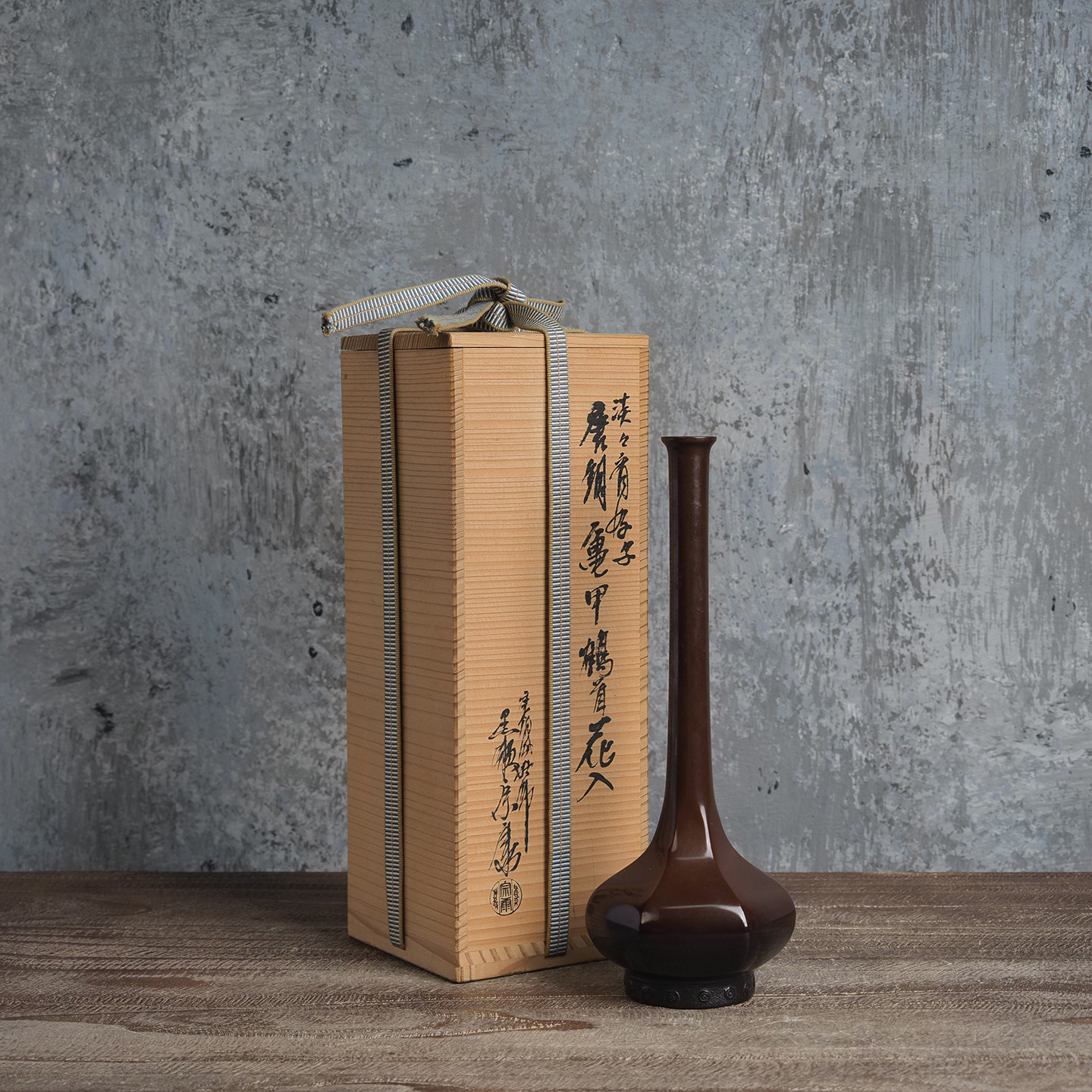 中古日本唐铜龟甲鹤首花入室内茶室书房茶道具台面插花装饰摆件