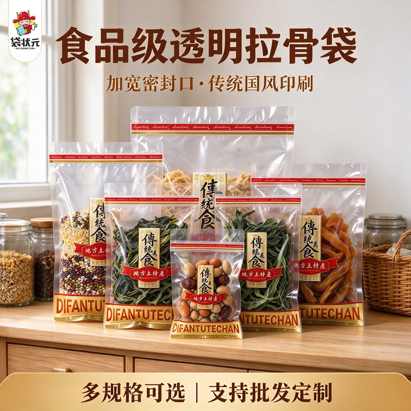 传统国风食品包装袋透明加厚自封袋干货杂粮土特产密封袋商用