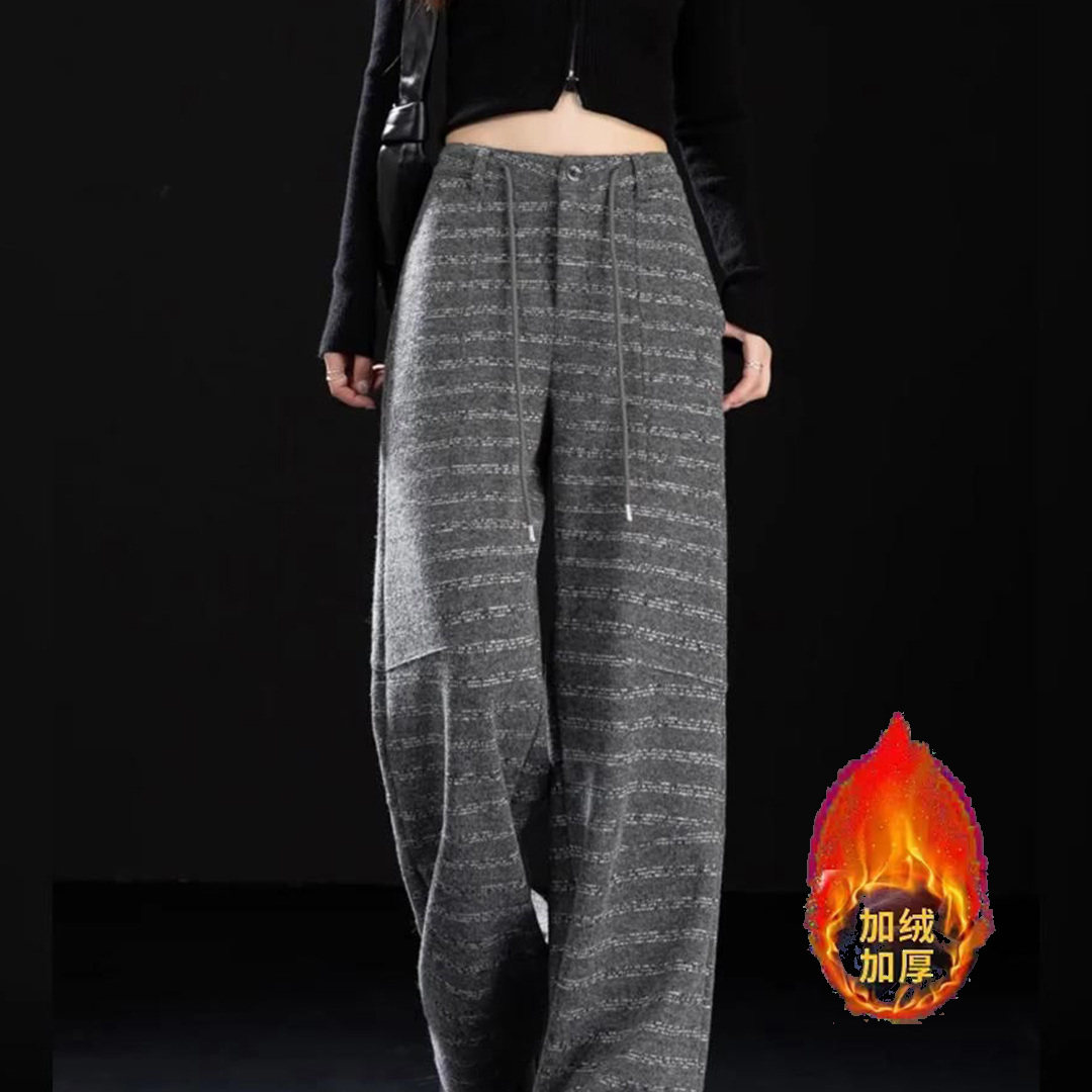 灰色条纹毛呢阔腿裤女冬季新款气质高级加绒加厚宽松垂感百搭长裤,女装/女士精品,大码裤装,淘宝优惠券,粉丝福利购,淘宝优惠卷