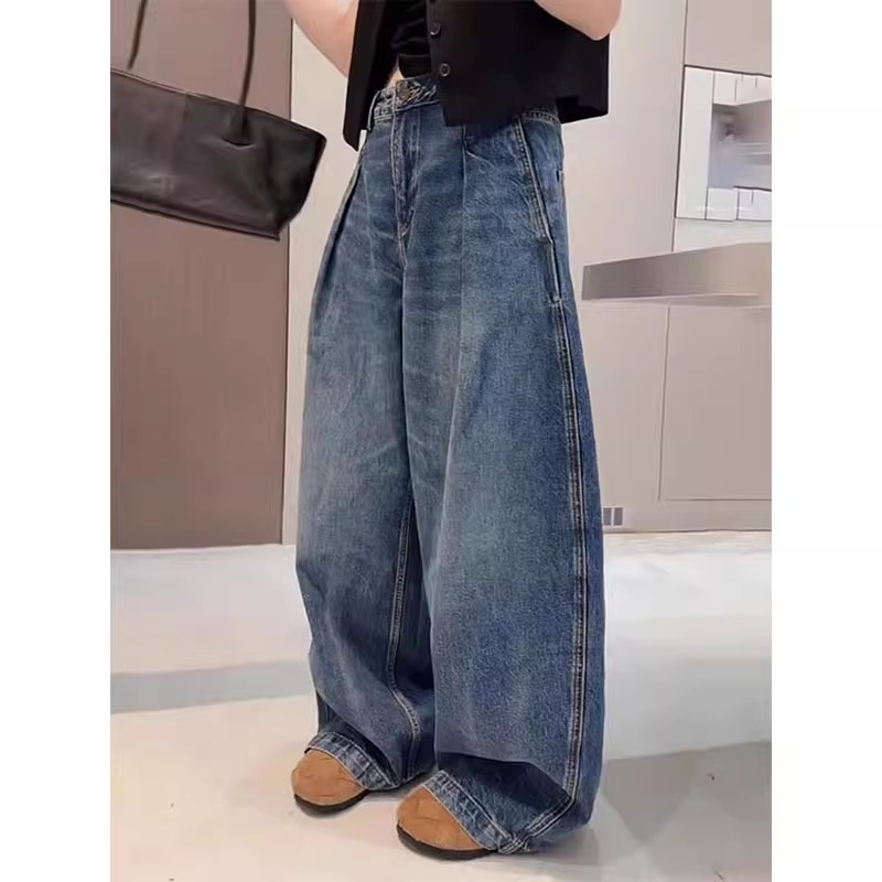 春季高级洋气独特大码宽松弯刀牛仔裤女秋冬新款小个子慵懒裤子