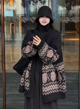 复古风撞色洋气长袖针织毛衣开衫女冬季新款宽松气质高级上衣外套