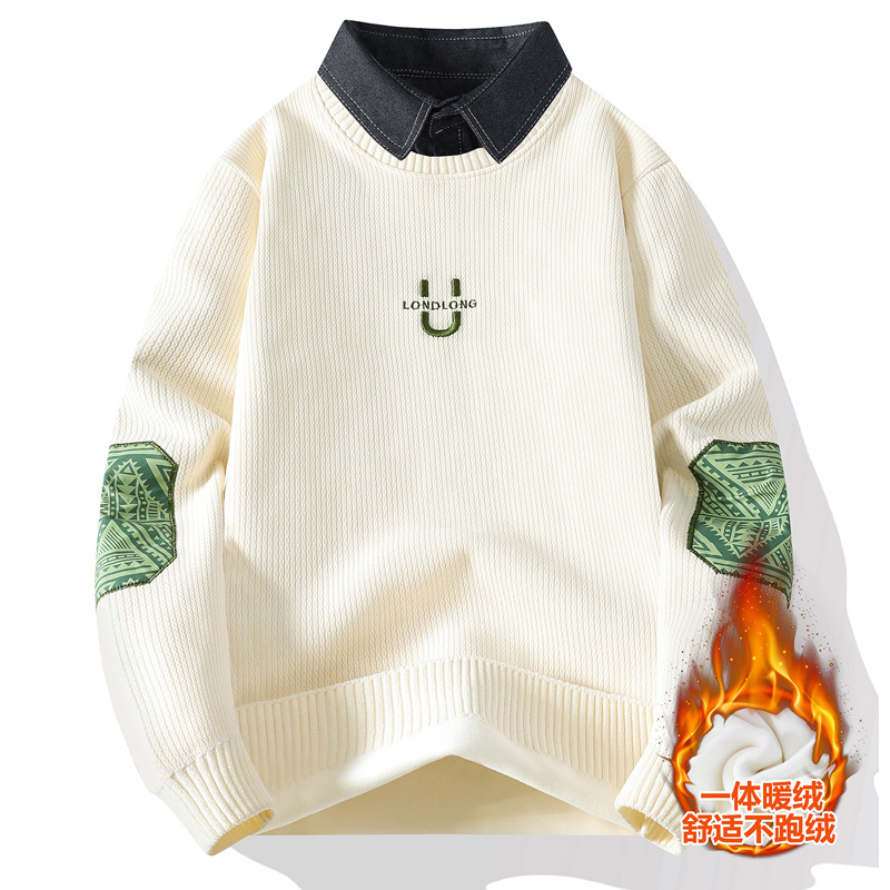 冬季青少年加绒加厚衬衫领卫衣12岁男孩15大童13初中学生14打底衫