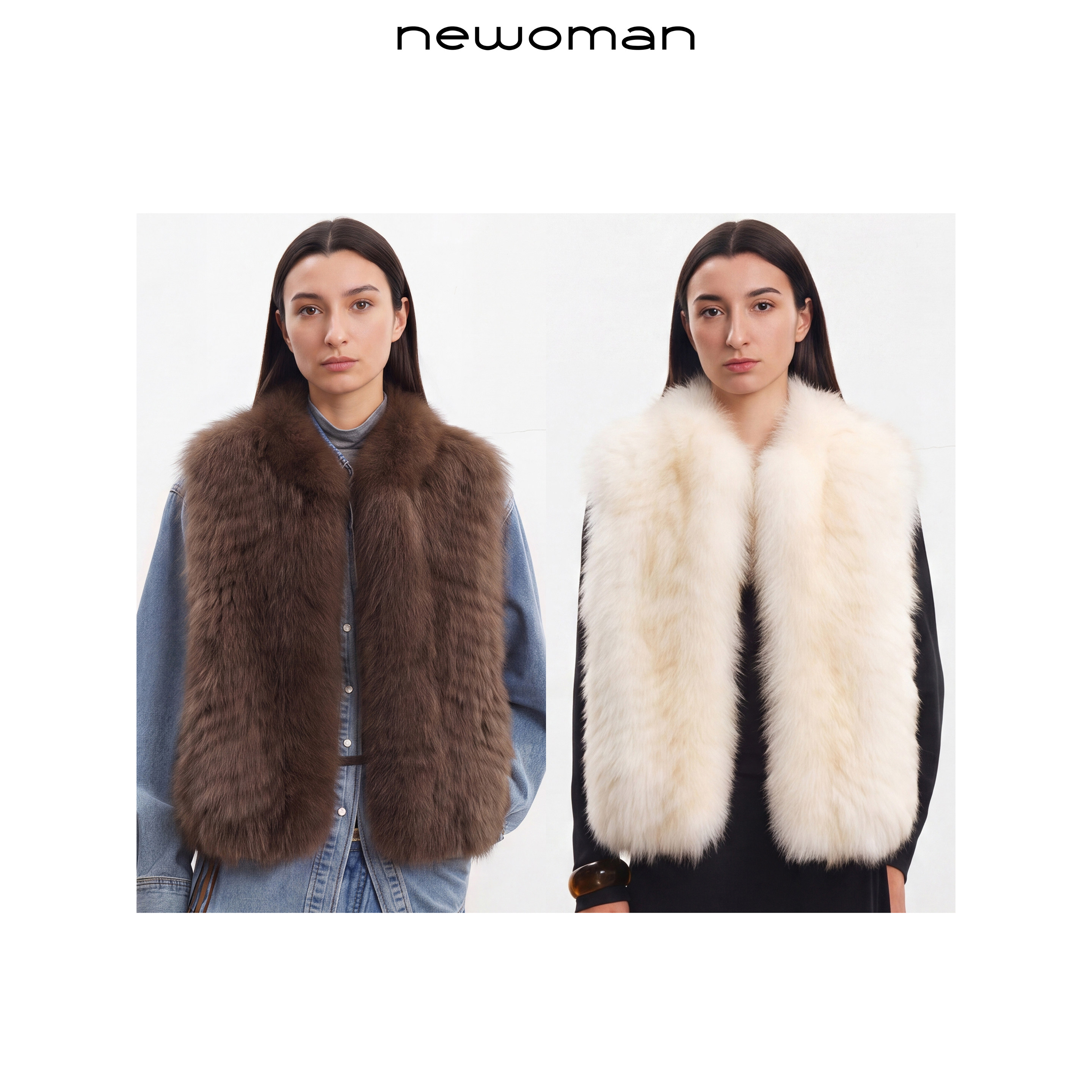 NEWOAMN狐狸毛皮草马甲背心女