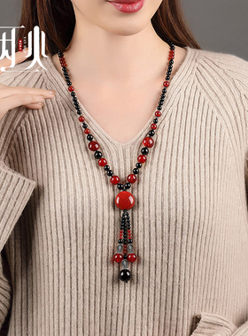 民族风项链长款复古风新中式毛衣链子挂件中国风配饰女红色装饰品