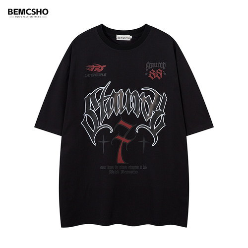 BEMCSHO美式复古字母印花休闲T恤