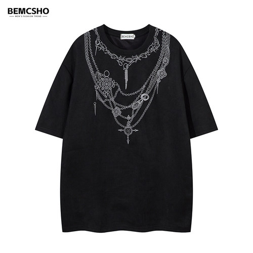 BEMCSHO美式复古字母宽松印花T恤