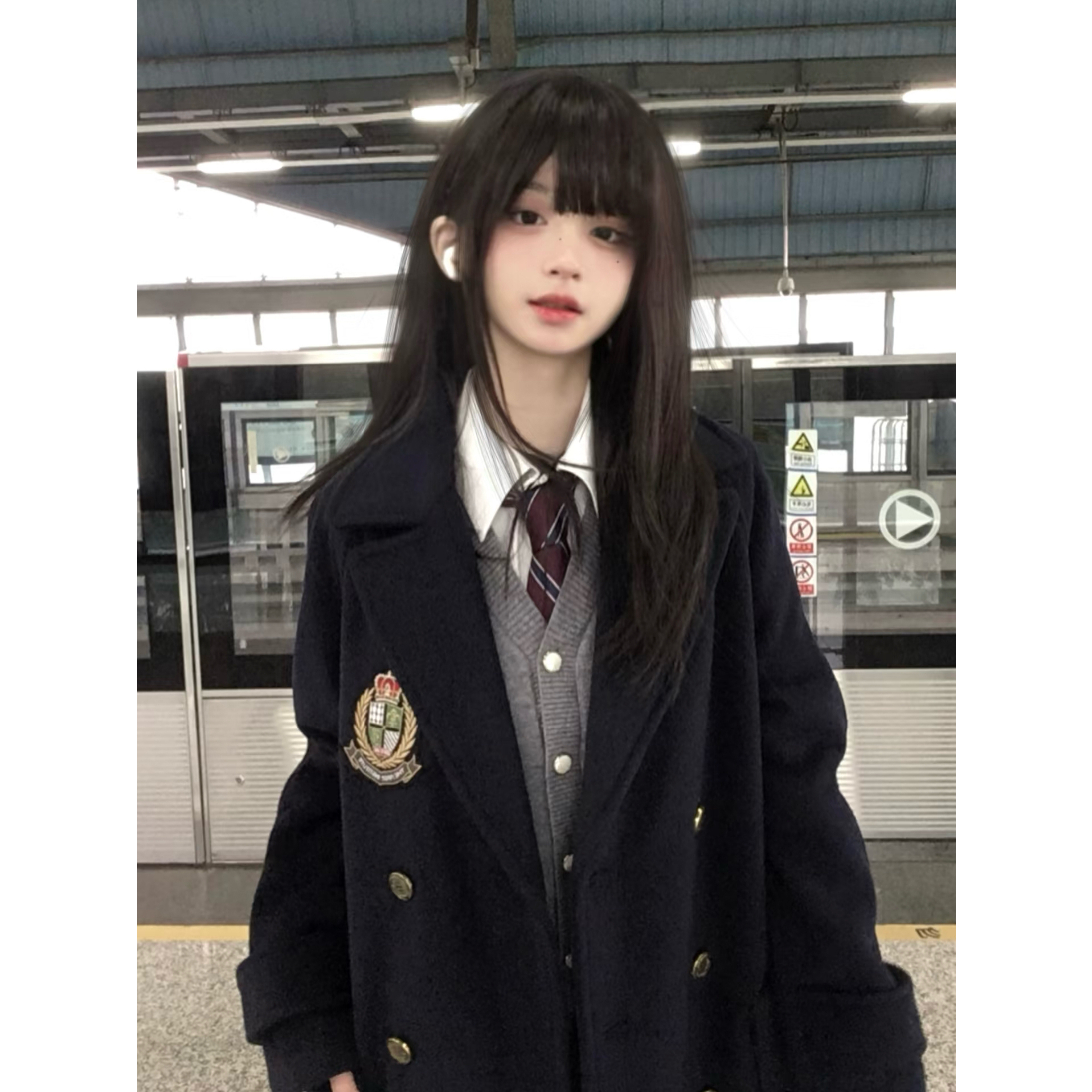 呢子大衣高个子风衣日系学院风中长款毛呢外套女Jk套装纯欲